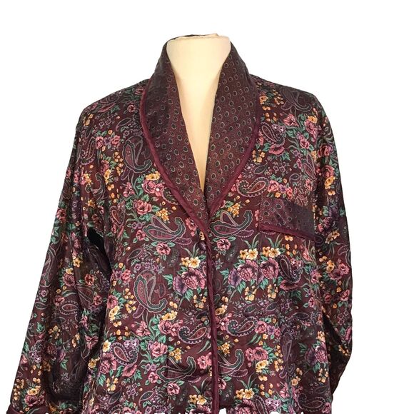 Partners Mervyns Vintage 80s Burgundy Green Silky Satin Paisley Night Shirt sz L - Picture 2 of 11